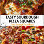 Golden sourdough pizza lunchbox squares served on a wooden board with summer herbs.